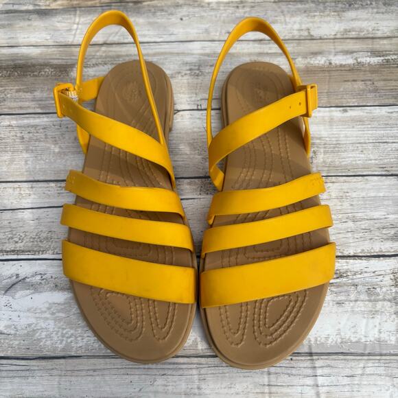 Crocs Tulum Sandals Sz 7 Canary Yellow Strappy Ankle Buckle Flat Comfort Casual - Picture 6 of 13